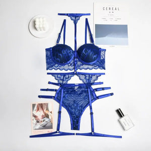 Padded Bra and Panty Mesh Lace Lingerie Set - Blue / XL