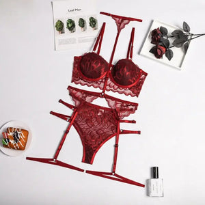 Padded Bra and Panty Mesh Lace Lingerie Set - Burgundy / XL
