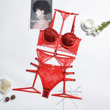 Load image into Gallery viewer, Padded Bra and Panty Mesh Lace Lingerie Set - Red / XL