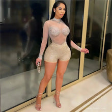Load image into Gallery viewer, Paris Rhinestone Sheer Mesh Romper - S / Apricot