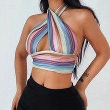 Load image into Gallery viewer, Patchwork Criss Cross Knitted Halter Top - Turquoise / S