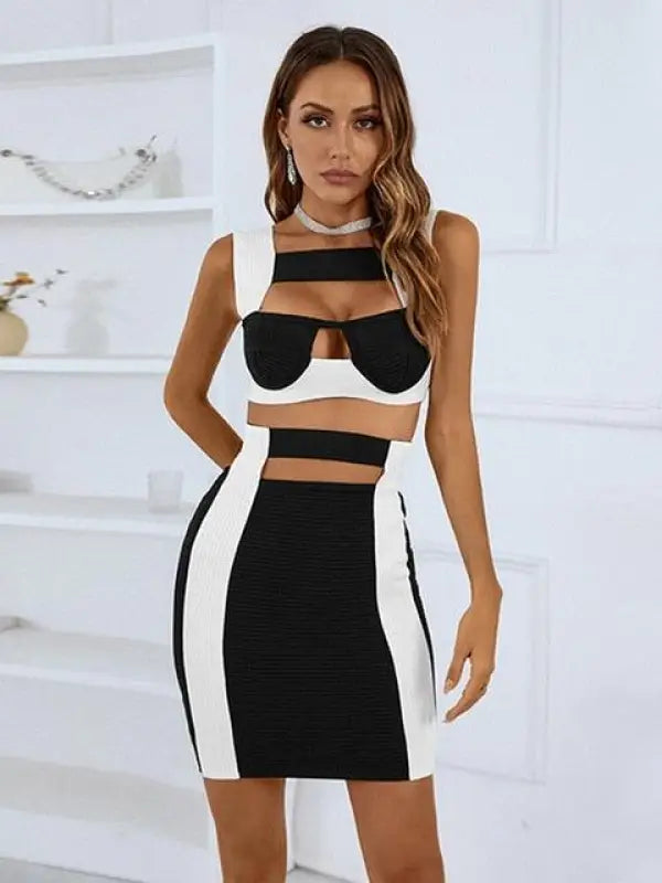 Patchwork Crop Top & Pencil Skirt Set - L / Black