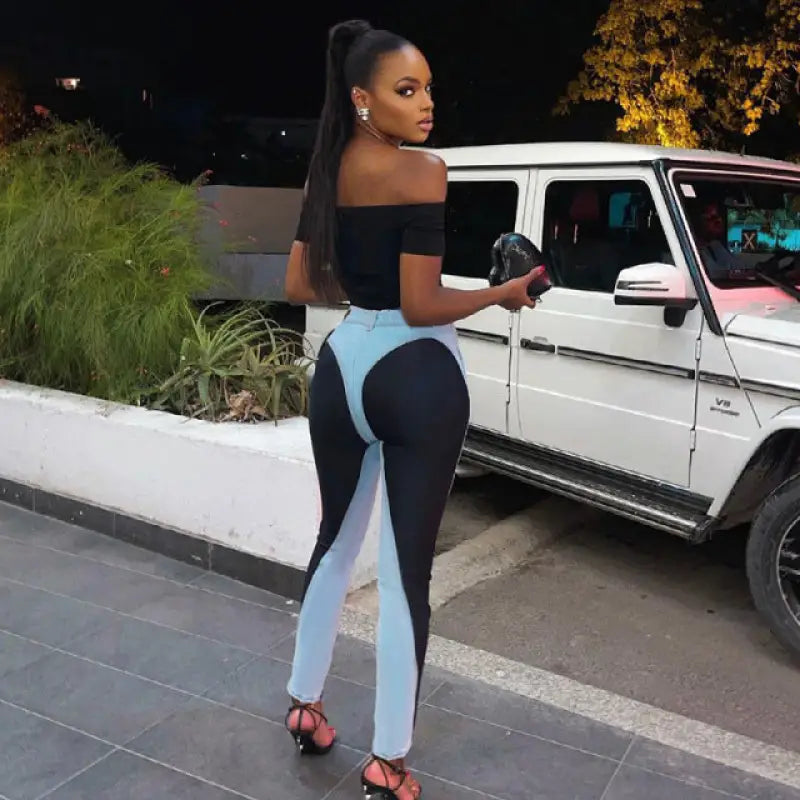Patchwork Fashion High Waist Button Straight Leg Tight