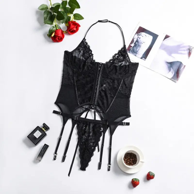 Patchwork Lace See Through Halter Lingerie Set - black / S