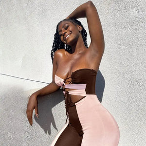 Patchwork Lace Up Drawstring Ruched Hollow Out Jumpsuit
