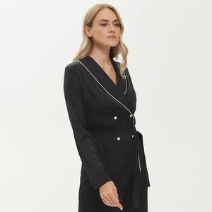 Patchwork Long Sleeve Loose 2 Piece Pajama Set - Black / L