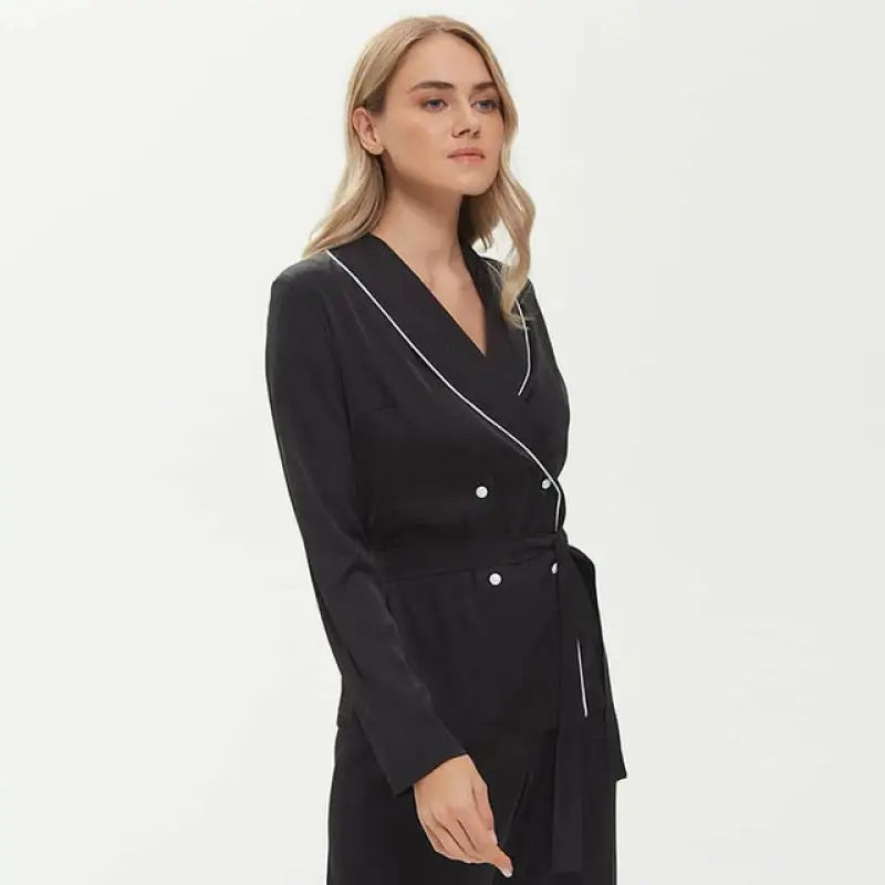 Patchwork Long Sleeve Loose 2 Piece Pajama Set - Black / L