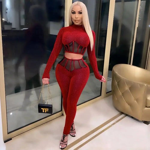Patchwork Mesh Crop Top and Bodycon Pants