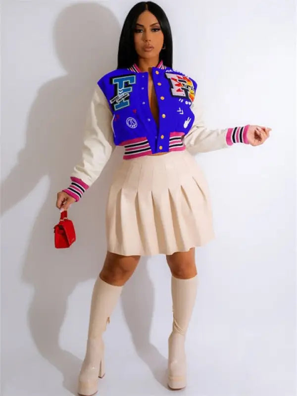 Patchwork PU Leather Varsity Bomber - S / Blue
