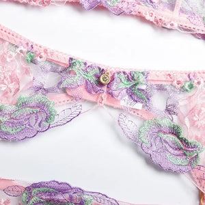 Pink Floral Lace Transparent Push Up Bra & Panty Set
