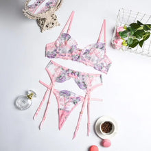 Load image into Gallery viewer, Pink Floral Lace Transparent Push Up Bra &amp; Panty Set - L