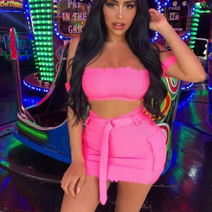 Pink Off Shoulder Crop Top and Mini Skirt Set