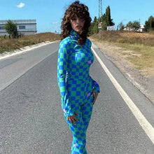 Load image into Gallery viewer, Plaid Print O Neck Long Sleeve Bodycon Slim Jumpsuit