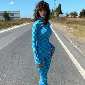 Plaid Print O Neck Long Sleeve Bodycon Slim Jumpsuit
