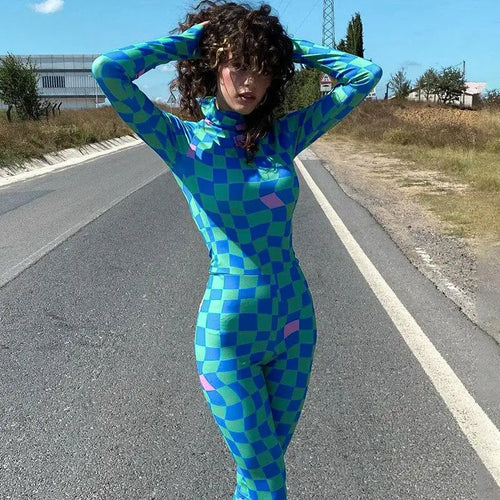 Plaid Print O Neck Long Sleeve Bodycon Slim Jumpsuit