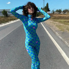 Load image into Gallery viewer, Plaid Print O Neck Long Sleeve Bodycon Slim Jumpsuit
