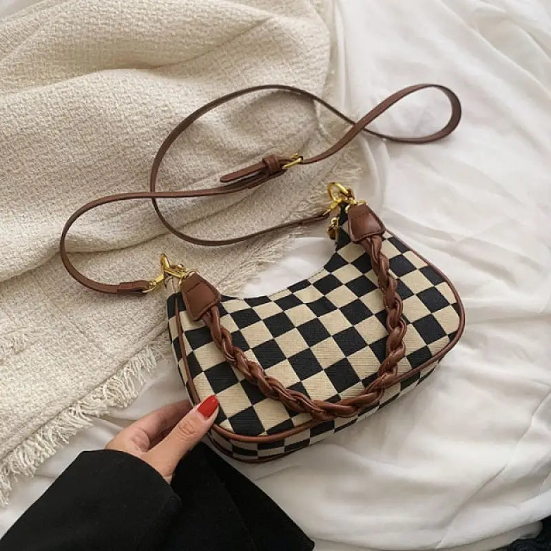 Plaid PU Leather Crossbody Shoulder Bag - Checkered Brown
