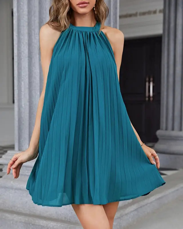Plain Sleeveless Pleated Flowy Swing Dress - Blue / S