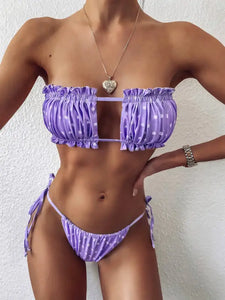 Pleated Bandeau Mini Thong Bikini Set - Purple Dot / S