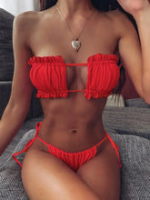 Load image into Gallery viewer, Pleated Bandeau Mini Thong Bikini Set - Red / S