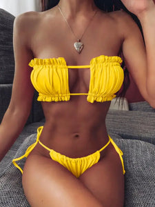 Pleated Bandeau Mini Thong Bikini Set - Yellow / S
