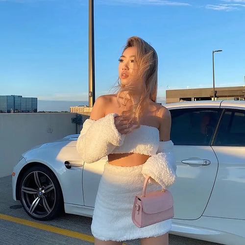 Plush Long Sleeve Strapless Bandage Crop Top and Skirt