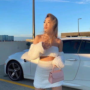 Plush Long Sleeve Strapless Bandage Crop Top and Skirt