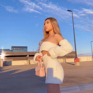 Plush Long Sleeve Strapless Bandage Crop Top and Skirt