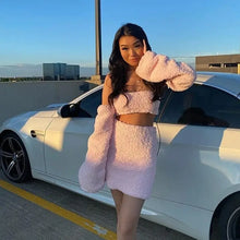 Load image into Gallery viewer, Plush Long Sleeve Strapless Bandage Crop Top and Skirt