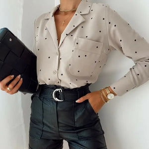 Polka Dot Long Sleeve Turn Down Collar Blouse