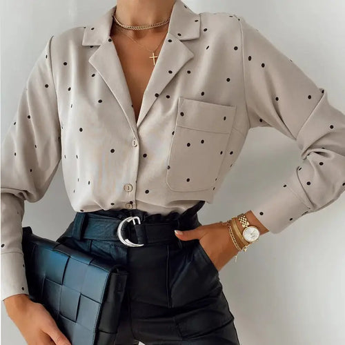 Polka Dot Long Sleeve Turn Down Collar Blouse