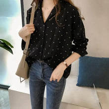 Load image into Gallery viewer, Polka Dot Long Sleeve Turn Down Collar Blouse - black / M