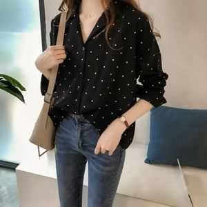 Polka Dot Long Sleeve Turn Down Collar Blouse - black / M