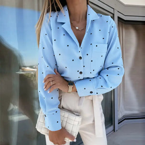 Polka Dot Long Sleeve Turn Down Collar Blouse - sky blue