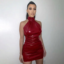 Load image into Gallery viewer, Pu Bodycon Halter Sleeveless Backless Pleated Dress