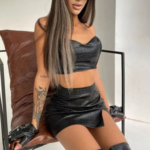 Pu Faux Leather Crop Top & Slit Mini Skirt