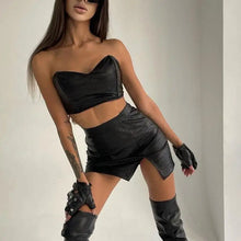 Load image into Gallery viewer, Pu Faux Leather Crop Top &amp; Slit Mini Skirt