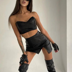 Pu Faux Leather Crop Top & Slit Mini Skirt