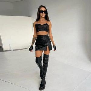 Pu Faux Leather Crop Top & Slit Mini Skirt