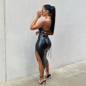 PU Leather Backless Bandage Bodycon Dress