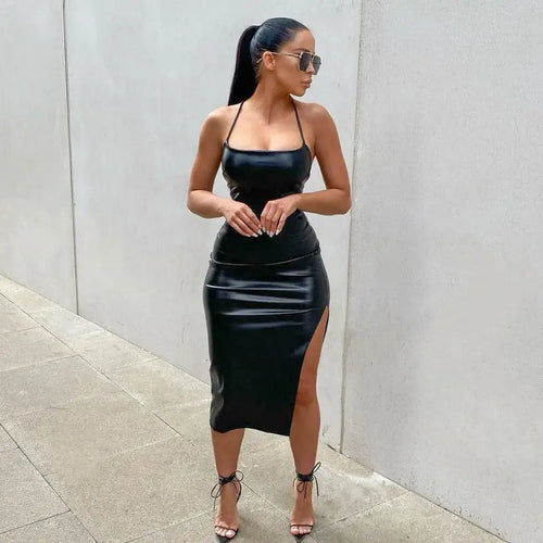 PU Leather Backless Bandage Bodycon Dress