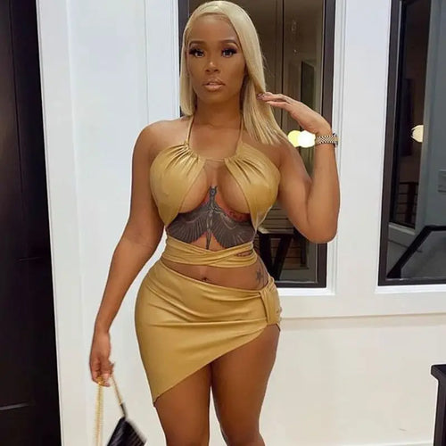 Pu Leather Backless Crop Top & Bandage Mini Skirt Set