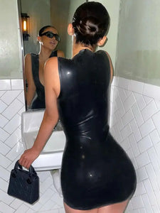 PU Leather Black Backless Plunge Dress
