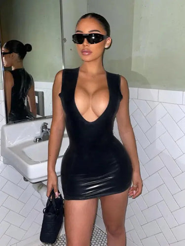 PU Leather Black Backless Plunge Dress