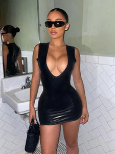 PU Leather Black Backless Plunge Dress