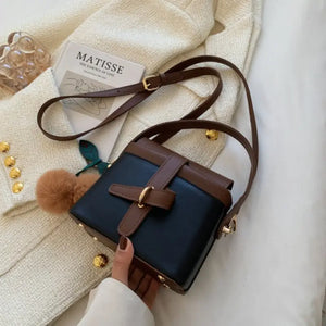 PU Leather Bucket Crossbody Bag with Short Handle - black