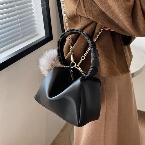 PU Leather Bucket Crossbody Chain Hair ball pendant Handbag