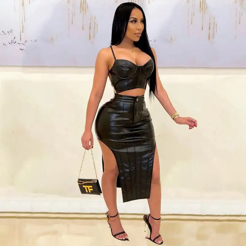 PU Leather Chain Backless Top & Bodycon Skirt Set