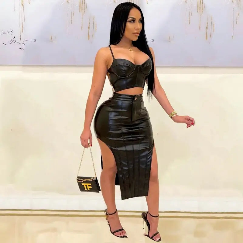 PU Leather Chain Backless Top & Bodycon Skirt Set