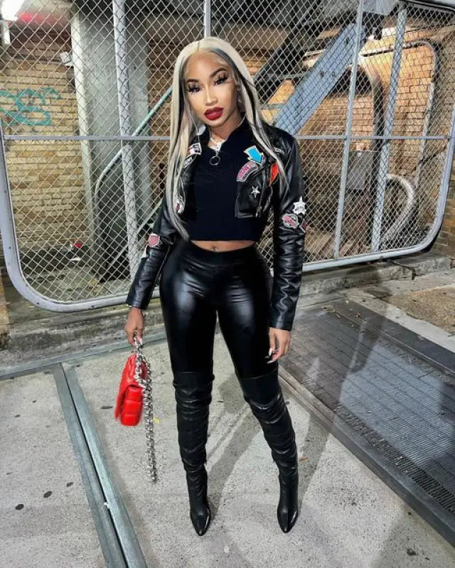 PU Leather Crop Motorcycle Jacket - XL / Black